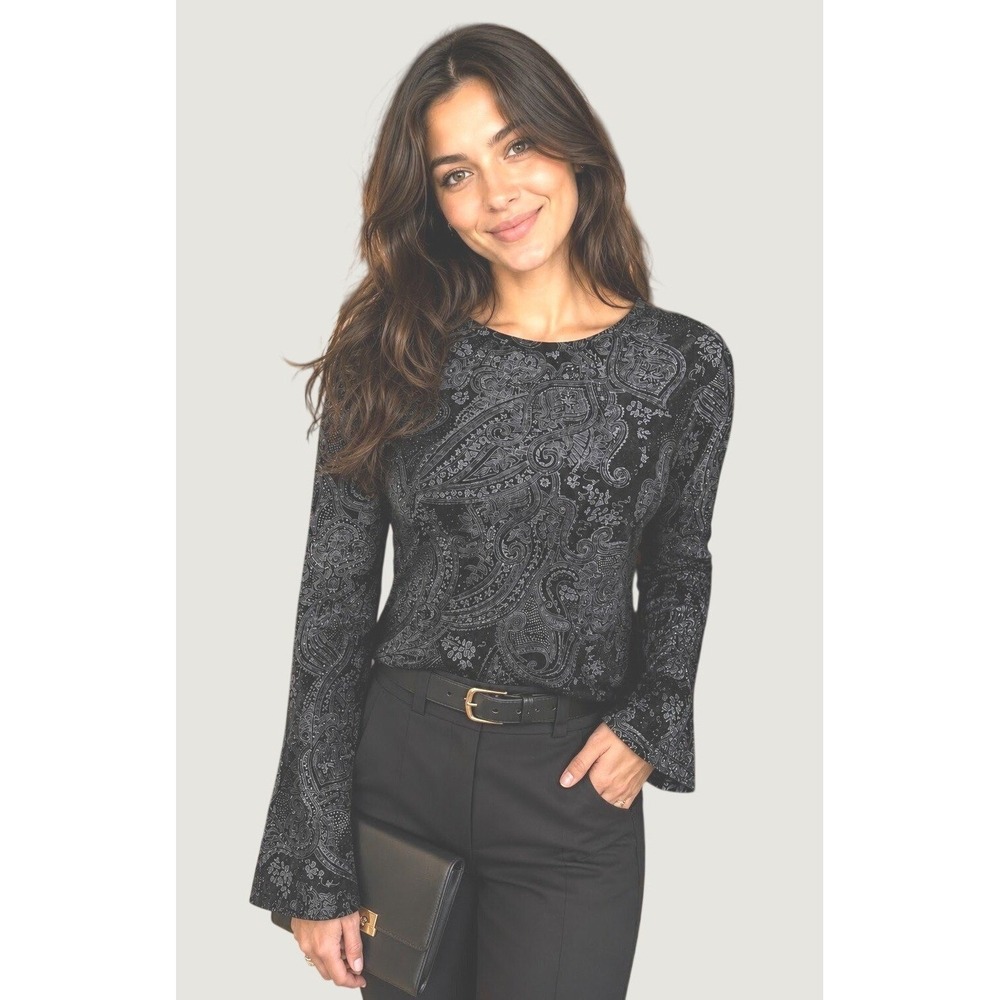White Stag Vtg 90s Black Velvet Shimmer Paisley Long Sleeve Top XL Whimsigoth